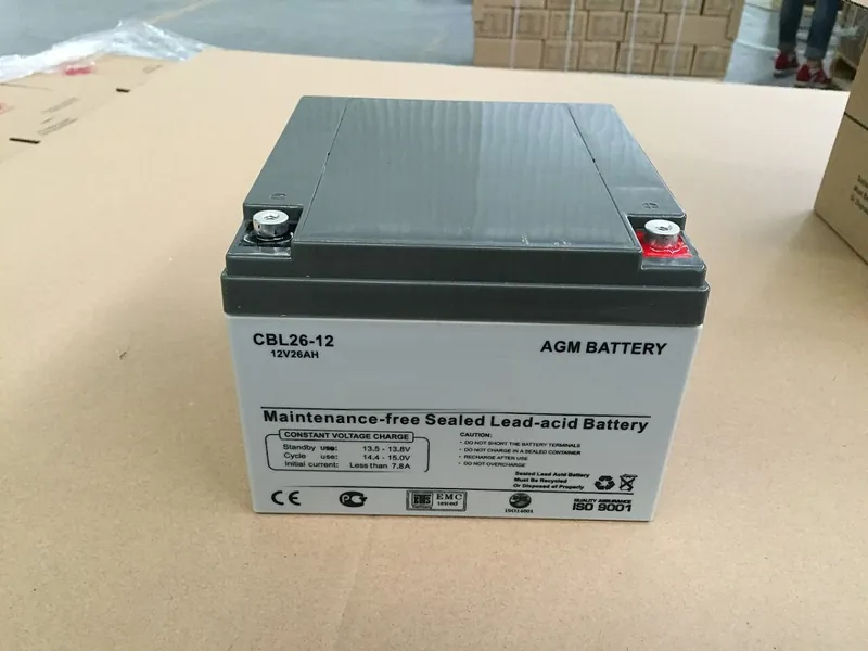Monoblocco al piombo-acido regolato da valvola AGM da 12 V e 26 Ah, con contenitore grigio.