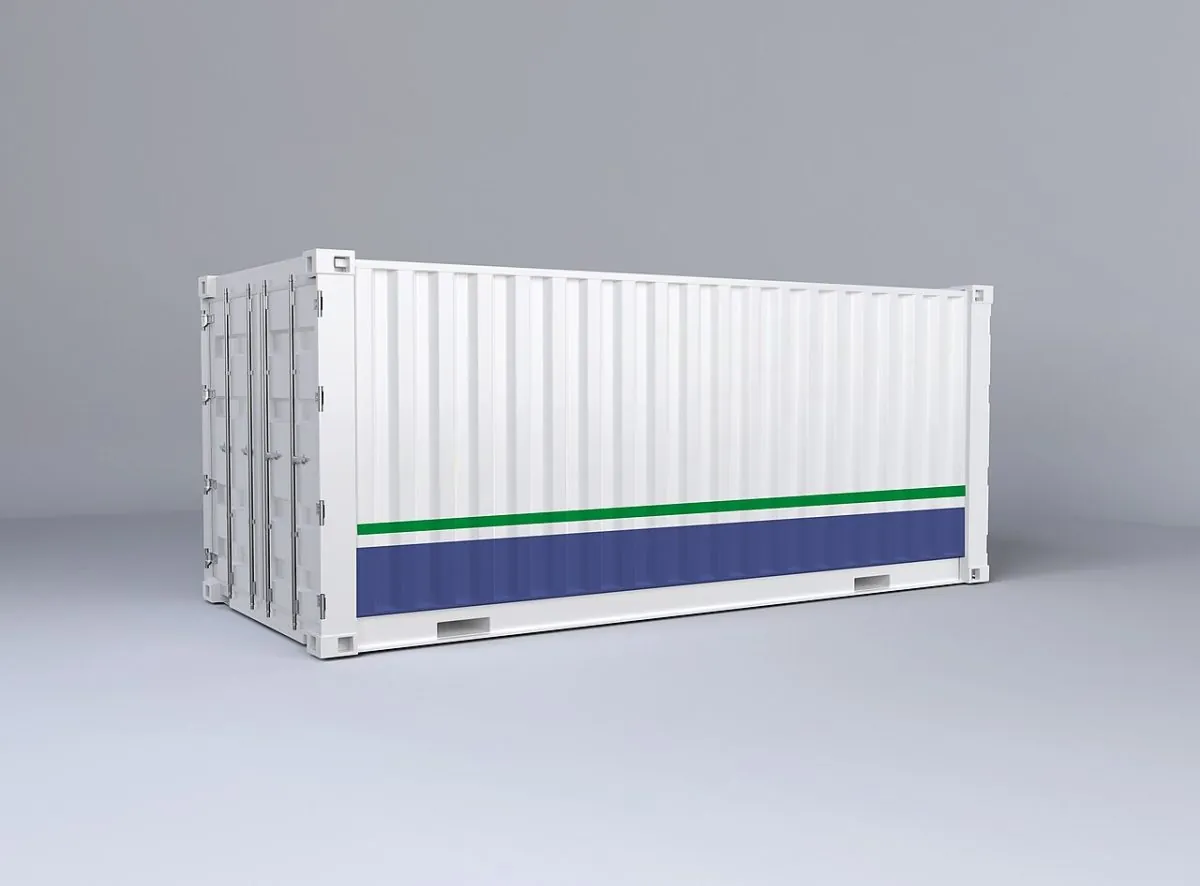 Container marittimo bianco di un sistema di accumulo di energia a batterie (BESS).