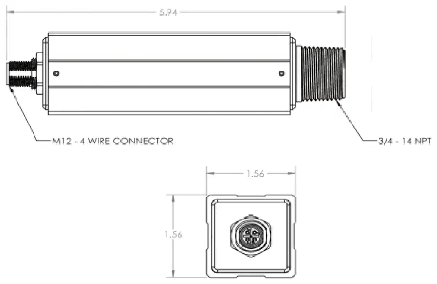 GRIDSCAN5000 dimensions and connections: 3/4″-14 NPT thread and 4-wire M12 connector