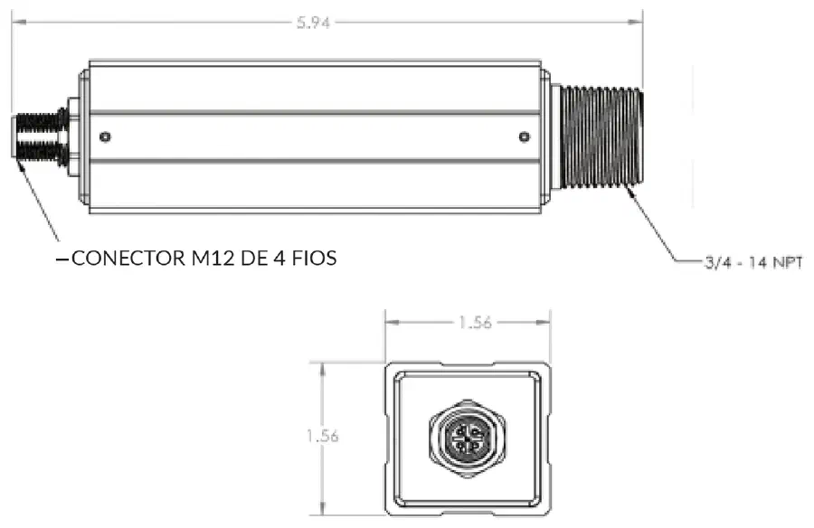 Dimensões e ligações do GRIDSCAN5000: rosca 3/4″-14 NPT e conector M12 de 4 fios